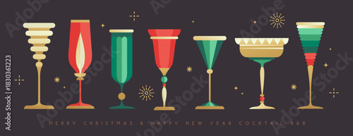 Set of holiday Christmas and New Year cocktails and champagne glasses. Vector illustration