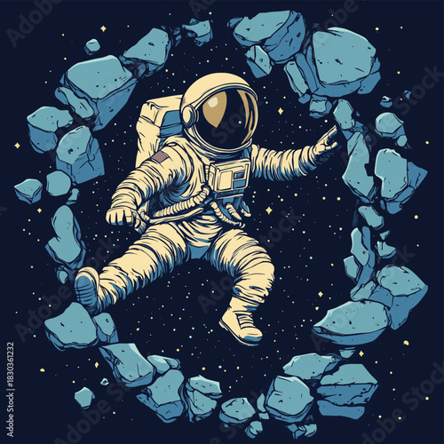 astronaut breaks into space punching the wall , vector style simple color