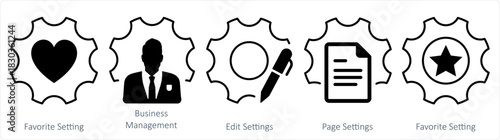 A set of 5 contact icons as favorite setting, business management, edit settings