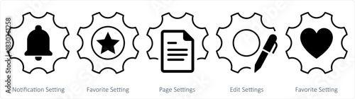 A set of 5 contact icons as notification setting, favorite setting, page settings