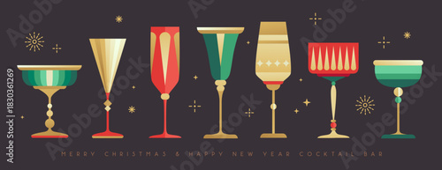 Set of holiday Christmas and New Year cocktails and champagne glasses. Vector illustration