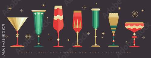 Set of holiday Christmas and New Year cocktails and champagne glasses. Vector illustration