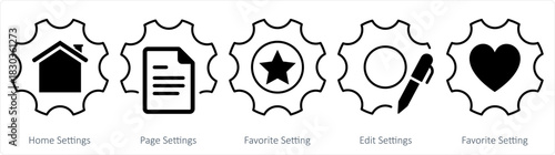 A set of 5 contact icons as home settings, page settings, favorite setting