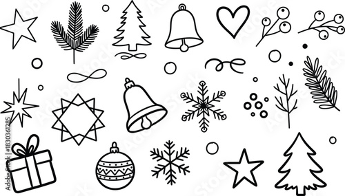 Hand drawn christmas doodle set with trees bells stars and snowflakes