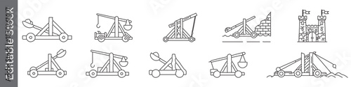 Catapult and medieval weapon line icon set – editable outline symbols of siege, castle, wall and ancient warfare
