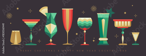 Set of holiday Christmas and New Year cocktails and champagne glasses. Vector illustration