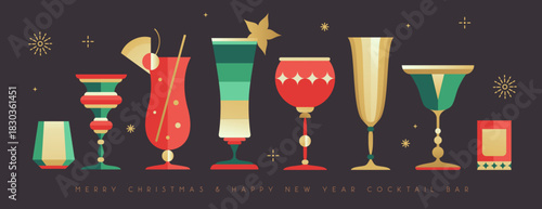 Set of holiday Christmas and New Year cocktails and champagne glasses. Vector illustration