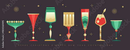 Set of holiday Christmas and New Year cocktails and champagne glasses. Vector illustration