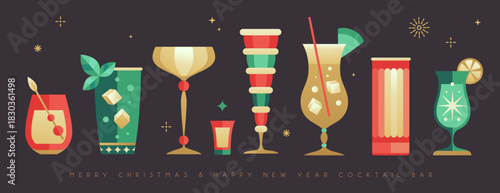 Set of holiday Christmas and New Year cocktails and champagne glasses. Vector illustration