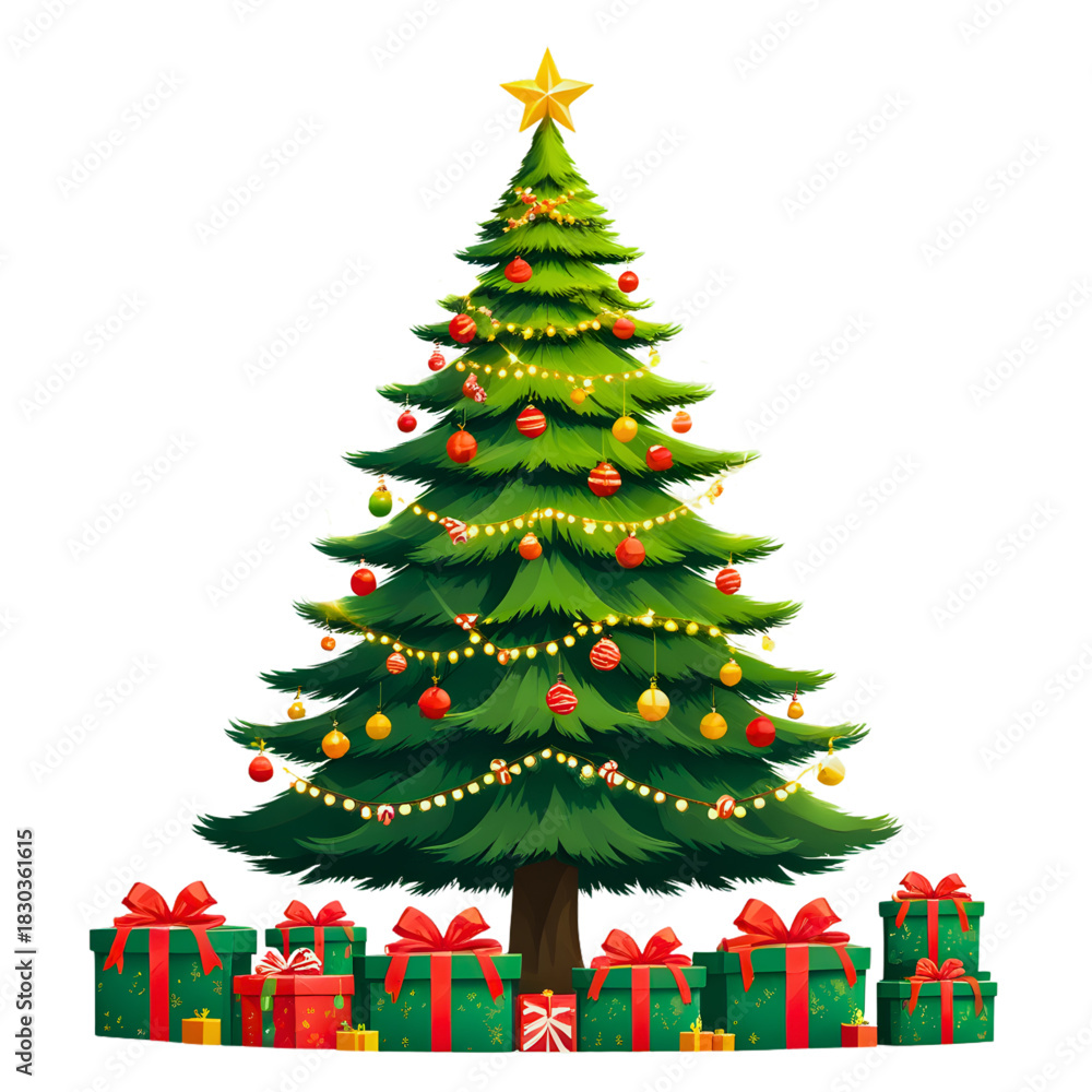 Naklejka premium Modern vector Christmas tree with ribbons candy canes and a glowing star