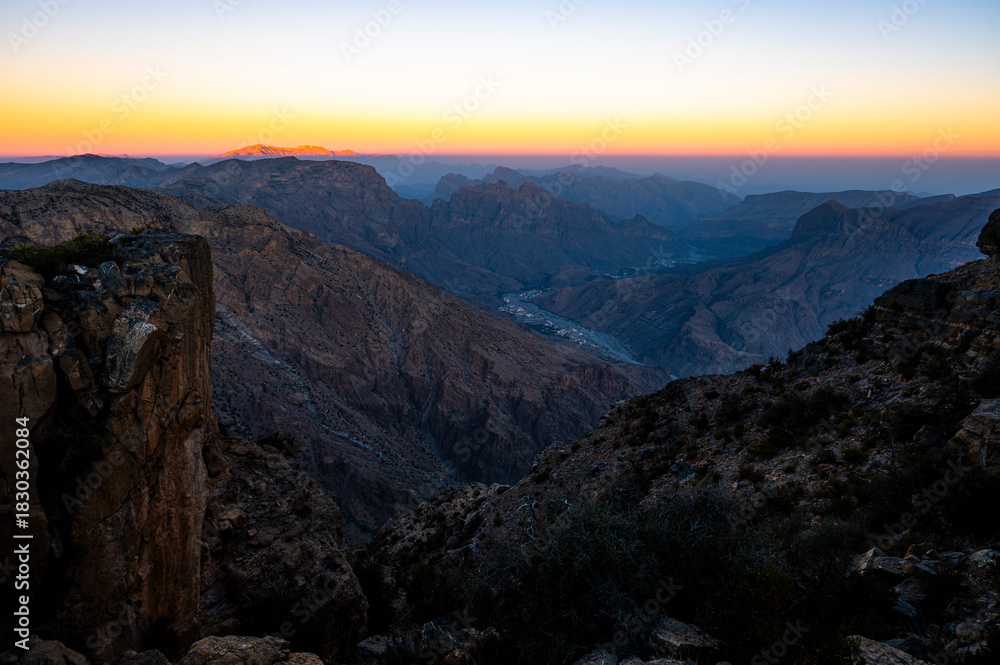 Fototapeta premium Dramatic Twilight View of Jabal Akhdar in the Al Hajar Mountains, Oman