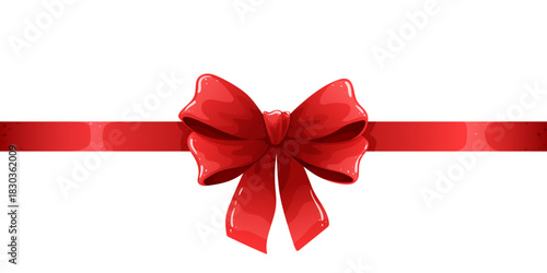 Glossy red ribbon bow centered on a horizontal red ribbon isolated on a white background. Perfect for Christmas, holidays, gifts, celebrations, decorations, packaging, and festive design elements.