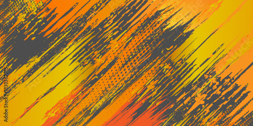 Spanduk horizontal lebar abstrak abu-abu gelap dengan kisi serat karbon segi enam dan garis-garis oranye bercahaya. Latar belakang vektor teknologi dengan garis neon oranye eps 10