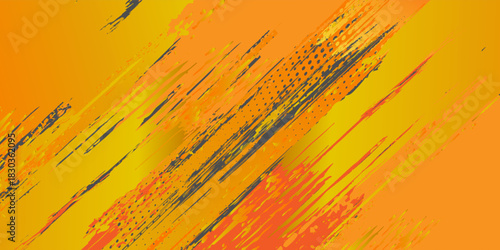 Spanduk horizontal lebar abstrak abu-abu gelap dengan kisi serat karbon segi enam dan garis-garis oranye bercahaya. Latar belakang vektor teknologi dengan garis neon oranye eps 10