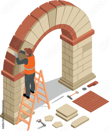Isometric illustration of construction worker building stone arch with masonry tools, ladder, bricks and architectural restoration process in detailed 3D scene