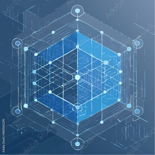 A glowing blue digital cube structure representing a complex network of interconnected data points in a futuristic virtual space