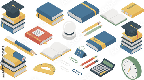 Isometric illustration of educational supplies including books, notebooks, stationery, graduation caps, calculator and study tools for school learning and academic concepts