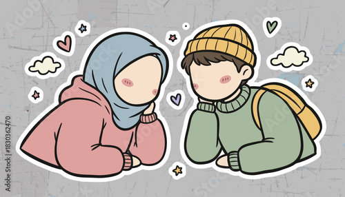 Cute Cartoon Couple Illustration: Sweet Love and Friendship Aesthetic