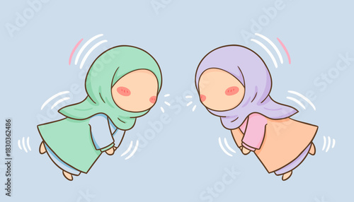 Two cute cartoon Muslim girls wearing hijabs, facing each other with wavy lines indicating interaction or communication on a light blue background.
