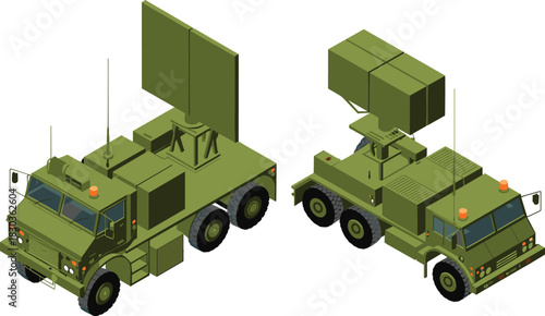 Isometric illustration of military radar vehicles with antenna systems, armored transport trucks, tactical defense equipment and mobile surveillance technology in 3D design