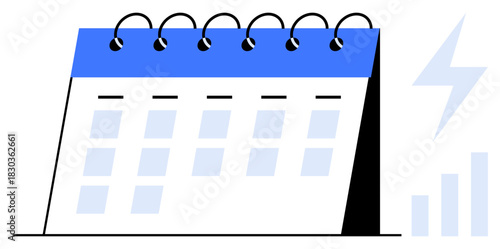 Calendar concept. Desk calendar spiral bound with blue header and basic graphics for planning. Calendar organization and time management. Perfect for schedules, events, and productivity