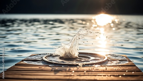 A tranquil lakeside dock captures a fleeting splash, with sunlight dancing on the water's surface.
