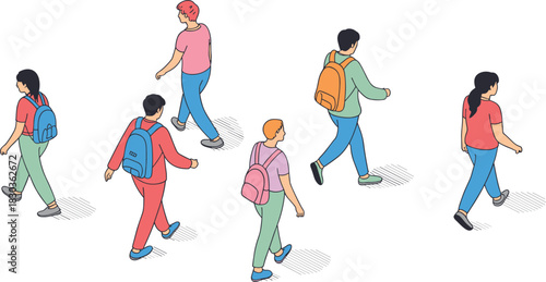 Isometric illustration of students walking with backpacks, diverse young people moving forward, modern education lifestyle concept and casual outdoor activity scene