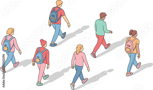 Isometric illustration of students walking with backpacks, diverse young people moving forward, modern education lifestyle concept and casual outdoor activity scene