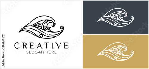 A minimalist logo design featuring a stylized wave with intricate decorative patterns and text.