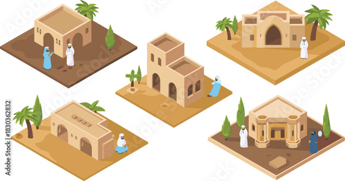 Isometric illustration set of Middle Eastern desert houses with traditional architecture, palm trees, cultural elements and people in authentic regional clothing scenes