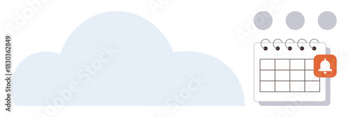Cloud connected to a calendar with a ringing alert, symbolizing scheduling, notifications, deadlines, and event planning. Ideal for productivity, organization, reminders, cloud computing scheduling