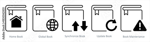 A set of 5 document icons as home book, global book, synchronize book