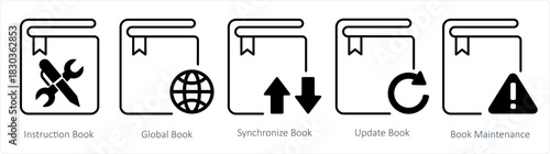 A set of 5 document icons as instruction book, global book, synchronize book