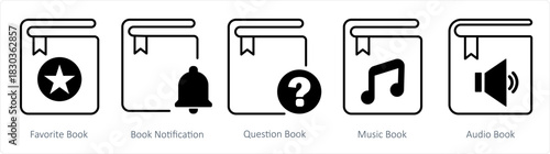 A set of 5 document icons as favorite book, book notification, question book