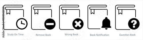 A set of 5 document icons as study on time, remove book, wrong book