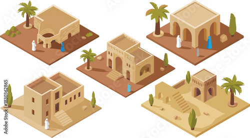 Isometric illustration set of Middle Eastern desert houses with traditional architecture, palm trees, cultural elements and people in authentic regional clothing scenes