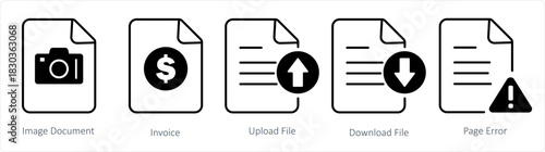 A set of 5 document icons as image document, invoice, upload file