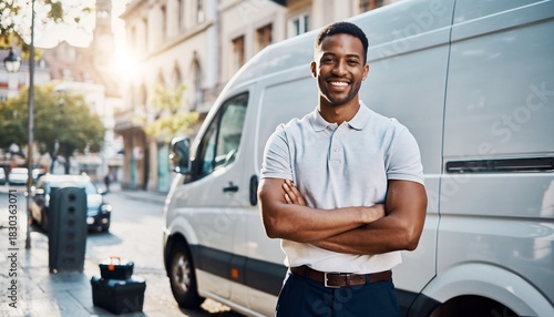 Fototapeta Naklejka Na Ścianę i Meble -  Smiling young delivery man standing confidently next to a white van on a sunny city street, concept for logistics, small business, and customer service
