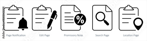A set of 5 document icons as page notification, edit page, promissory note