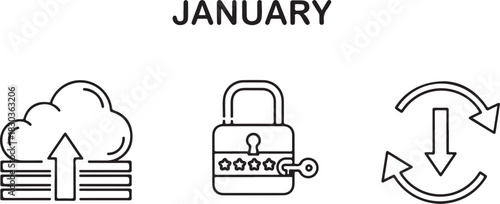 January themed graphic with cloud upload, password protected lock, and circular download arrow icons.