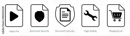 A set of 5 document icons as video file, document security, page setting