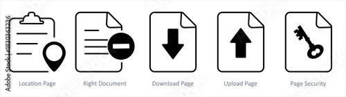 A set of 5 document icons as location page, right document, download page