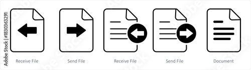 A set of 5 document icons as receive file, send file, document