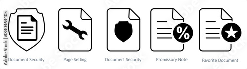 A set of 5 document icons as document security, page setting, promissory note