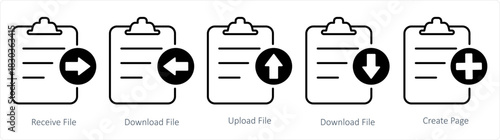 A set of 5 document icons as receive file, download file, upload file