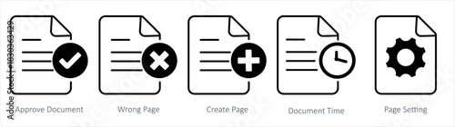 A set of 5 document icons as approved document, wrong page, create page
