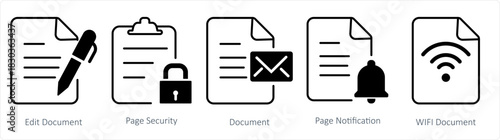 A set of 5 document icons as edit document, page security, document