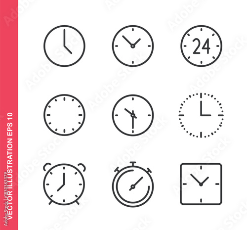 Set of line icons related to clock. Outline icons collection. Editable stroke. Vector illustration