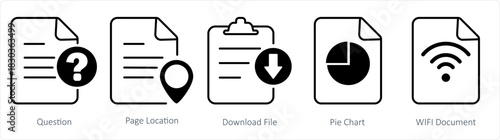 A set of 5 document icons as question, page location, download file