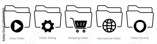 A set of 5 document icons as video folder, folder setting, shopping folder